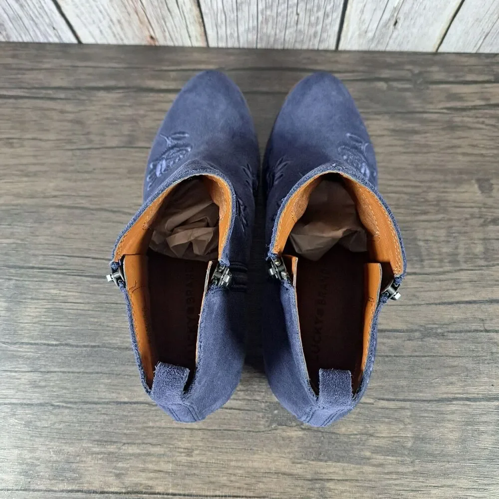 Lucky Brand Embroidered Basel Flowers Women's Sz 6.5 M Bootie Navy (VGC) - Picture 6 of 9